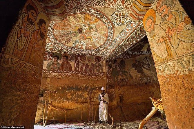 Painted interior of a Tigray rock-hewn church, Ethiopia