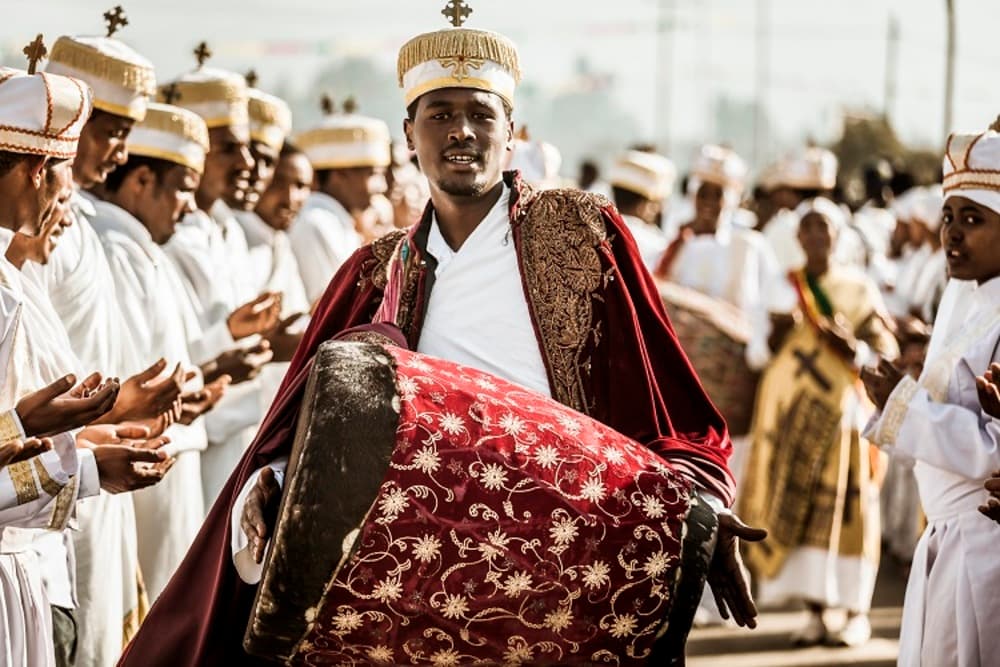 Kebero drummer during Timkat Ketera celebrations in Ethiopia